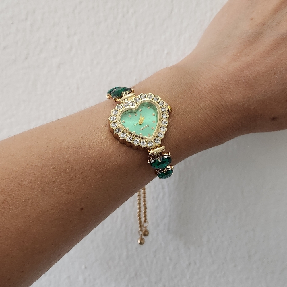 Vintage Green Casual Heart Shape Jewelry With Rhinestones Womens Watch - Picture 9 of 12